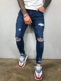 Men Jeans Black Blue Cool Skinny Knee Hole Ripped Stretch Slim Elastic Denim Pants Solid Color High Street Style Trousers Man aidase-shop