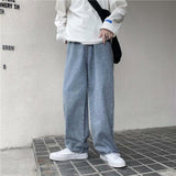 Men Jeans Solid Drawstring Denim Full Length Straight Loose Males All-match Trendy Punk Baggy Retro Leisure Chic Cowboy Trousers aidase-shop