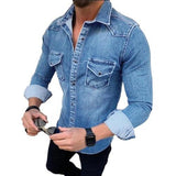 Spring Autumn Mens Jeans Shirt Long Sleeve Denim Shirts for Men Soft Cotton Two Pockets Slim Elastic Denim Shirts chemise homme aidase-shop