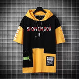 Aidase super Fire Ribbon Hooded Hip Hop Short Sleeve Hip Hop Fashion T-shirt Men's Fake Two-piece Street Bf Loose Five Sleeve T-shirt aidase-shop