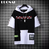 Aidase super Fire Ribbon Hooded Hip Hop Short Sleeve Hip Hop Fashion T-shirt Men's Fake Two-piece Street Bf Loose Five Sleeve T-shirt aidase-shop
