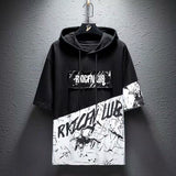 Aidase super Fire Ribbon Hooded Hip Hop Short Sleeve Hip Hop Fashion T-shirt Men's Fake Two-piece Street Bf Loose Five Sleeve T-shirt aidase-shop