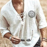 Aidase Renaissance Viking Pirate Medieval Cosplay Halloween Costume Men Shirt V Neck Lace Up Vintage Shirt Half Sleeve Linen Blouse Top aidase-shop
