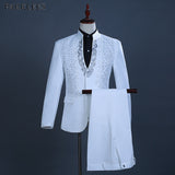 Aidase White Embroidered Diamond Suit Men Wedding Groom Tuxedo Suits Mens Stand Collar Prom Stage Costume Mens Suits with Pants Ternos aidase-shop