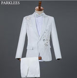 Aidase White Embroidered Diamond Suit Men Wedding Groom Tuxedo Suits Mens Stand Collar Prom Stage Costume Mens Suits with Pants Ternos aidase-shop