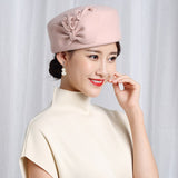 Aidase 100% Wool Felt Berets Women Party Flower Formal Fedora Hat Banquet Grace Woolen Pillbox Cap Beautiful Fascinator aidase-shop