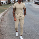 Fashion Solid Mens Clothes 2021 Summer 2 Piece Set Men Turn-down Collar Zipper Tops And Drawstring Pants Outfit Casual Suits 3XL aidase-shop
