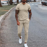 Fashion Solid Mens Clothes 2021 Summer 2 Piece Set Men Turn-down Collar Zipper Tops And Drawstring Pants Outfit Casual Suits 3XL aidase-shop