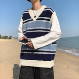 Aidase Sweater Vest Men's Fashion Retro Casual V-neck Sweater Vest Men Streetwear Korean Loose Vest Sweater Pullover Mens Clothes M-2XL aidase-shop