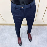 Aidase Chic Striped Navy Blue Pants Men Elegant Slim Fit Tight-ankle Suit Trousers Pants For Men Office Party Trousers Mens Dress Pants aidase-shop