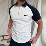 Summer Fashion Patchwork Men Polo Shirts Casual Turn-down Collar Zipper Design Short Sleeve Tops Harajuku Mens' Streetwear aidase-shop