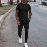Fashion Solid Mens Clothes 2021 Summer 2 Piece Set Men Turn-down Collar Zipper Tops And Drawstring Pants Outfit Casual Suits 3XL aidase-shop