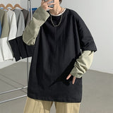 2021 Autumn Spring Fashion Oversized Fake Two Pieces Black Grey Tshirt Men's Long Sleeve Casual O Neck T-Shirt For Man TOP TEES aidase-shop