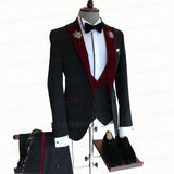 2021 Formal Business Men Suit 3 Pieces Male Jacket Custom Fashion Groom Wedding Suit Tuxedo Red Velvet Lapel Blazer Vest Pants aidase-shop