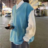 Men Sweater Vest Solid Simple Design V-Neck Knitted Males Leisure Chic Loose Trendy Street Outwear Student Couple Retro Harajuku aidase-shop