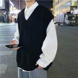 Men Sweater Vest Solid Simple Design V-Neck Knitted Males Leisure Chic Loose Trendy Street Outwear Student Couple Retro Harajuku aidase-shop