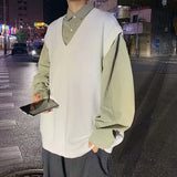 Men Sweater Vest Solid Simple Design V-Neck Knitted Males Leisure Chic Loose Trendy Street Outwear Student Couple Retro Harajuku aidase-shop