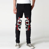Men Black Jeans 2021 New Fashion High Waist Stretch Washed Denim Pencil Pants Skull Pattern Letter Printed Street Men Trousers aidase-shop