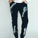 Men Black Washed Jeans 2021 New Fashion Personality Biker Slim Denim Pants Retro Trousers Skull Printed Design Street Jeans aidase-shop