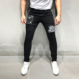 Men Black Washed Jeans 2021 New Fashion Personality Biker Slim Denim Pants Retro Trousers Skull Printed Design Street Jeans aidase-shop