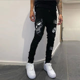 Men Black Washed Jeans 2021 New Fashion Personality Biker Slim Denim Pants Retro Trousers Skull Printed Design Street Jeans aidase-shop