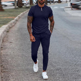 Fashion Solid Mens Clothes 2021 Summer 2 Piece Set Men Turn-down Collar Zipper Tops And Drawstring Pants Outfit Casual Suits 3XL aidase-shop