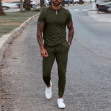 Fashion Solid Mens Clothes 2021 Summer 2 Piece Set Men Turn-down Collar Zipper Tops And Drawstring Pants Outfit Casual Suits 3XL aidase-shop