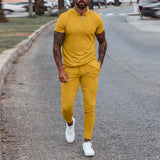 Fashion Solid Mens Clothes 2021 Summer 2 Piece Set Men Turn-down Collar Zipper Tops And Drawstring Pants Outfit Casual Suits 3XL aidase-shop