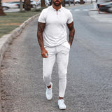 Fashion Solid Mens Clothes 2021 Summer 2 Piece Set Men Turn-down Collar Zipper Tops And Drawstring Pants Outfit Casual Suits 3XL aidase-shop