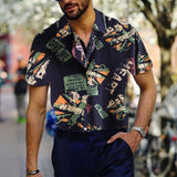 90s Vintage Print Men Lapel Shirts New Casual Summer Loose Short Sleeve Button Shirt Tops Mens Clothing Fashion Streetwear aidase-shop