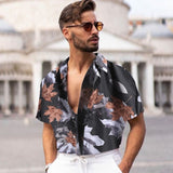 90s Vintage Print Men Lapel Shirts New Casual Summer Loose Short Sleeve Button Shirt Tops Mens Clothing Fashion Streetwear aidase-shop