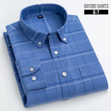 S- 6XL Oxford Shirts For Mens Long Sleeve Cotton Casual Dress Shirts Male Solid Plaid Chest Pocket Regular-Fit Man Social Shirt aidase-shop