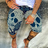 Vintage Skull Print Men Cotton Linen Shorts Casual Loose Drawstring Beach Short Pant For Male 2021 Summer Fashion Streetwear 4XL aidase-shop