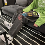Colorful Smiley Printed Black Jeans for Mens Straight Leg Denim Pants Teen Hip Hop Clothing Oversized Baggy Trousers Streetwear aidase-shop