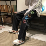 Colorful Smiley Printed Black Jeans for Mens Straight Leg Denim Pants Teen Hip Hop Clothing Oversized Baggy Trousers Streetwear aidase-shop