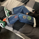 Colorful Smiley Printed Black Jeans for Mens Straight Leg Denim Pants Teen Hip Hop Clothing Oversized Baggy Trousers Streetwear aidase-shop