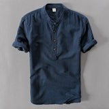 Helisopus Men Casual Cotton Linen Shirts Summer Brand Short Sleeve Shirt Mandarin Collar Solid Color Retro Shirt Tees aidase-shop
