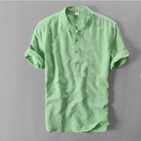 Helisopus Men Casual Cotton Linen Shirts Summer Brand Short Sleeve Shirt Mandarin Collar Solid Color Retro Shirt Tees aidase-shop