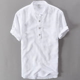 Helisopus Men Casual Cotton Linen Shirts Summer Brand Short Sleeve Shirt Mandarin Collar Solid Color Retro Shirt Tees aidase-shop