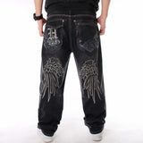 Aidase Mens Jeans Top Rushed Stripe Loose Hip Hop Jeans Men Printed Hiphop Demin Pants Tide Trousers Embroidered Flower Wings aidase-shop