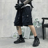 Hip Hop Summer Shorts Men 2021 Black Ribbons Streetwear Bermuda Man Shorts Multi-pocket Punk Casual Knee Length Short Pants Men aidase-shop