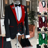 2021 Formal Business Men Suit 3 Pieces Male Jacket Custom Fashion Groom Wedding Suit Tuxedo Red Velvet Lapel Blazer Vest Pants aidase-shop