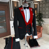 2021 Formal Business Men Suit 3 Pieces Male Jacket Custom Fashion Groom Wedding Suit Tuxedo Red Velvet Lapel Blazer Vest Pants aidase-shop