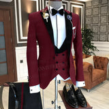 2021 Formal Business Men Suit 3 Pieces Male Jacket Custom Fashion Groom Wedding Suit Tuxedo Red Velvet Lapel Blazer Vest Pants aidase-shop