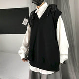 Men Sweater Vest Autumn Solid Color Knitted Male Korean Style Trend Loose V-neck Sleeveless Waistcoat Vest Sweater College Style aidase-shop