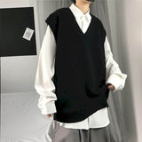 Men Sweater Vest Autumn Solid Color Knitted Male Korean Style Trend Loose V-neck Sleeveless Waistcoat Vest Sweater College Style aidase-shop