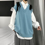 Men Sweater Vest Autumn Solid Color Knitted Male Korean Style Trend Loose V-neck Sleeveless Waistcoat Vest Sweater College Style aidase-shop