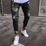 Skinny ripped jeans men Pants Pencil Biker Side Striped Jeans Destroyed Hole Hip Hop Slim Fit Man Stretchy Jean Print aidase-shop