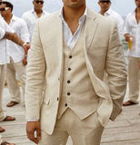 Men Suit Linen Beige For Beach Wedding Casual Man Blazer Custom Groom Tuxedo Jacket Pants Set Mens Suits 3 Pieces