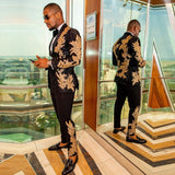 Aidase Black Men Suits With Gold Embroidery Beads 2 Pieces Peacked Lapel Designer Blazers Wedding Tuxedos Groom Wear Jacket +Pants 2021 aidase-shop